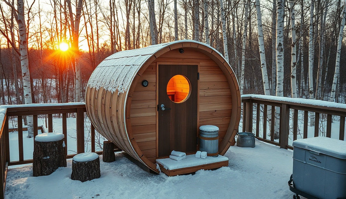Cedar barrel sauna on snowy backyard deck glowing with warm interior light