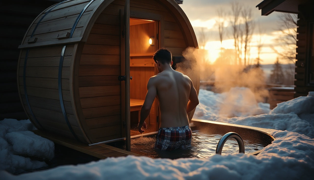Person transitioning from outdoor sauna to cold plunge tank during contrast therapy session