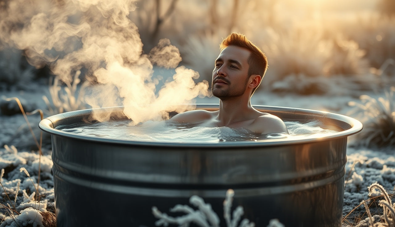 Person sitting in outdoor cold plunge tub during morning ice bath session