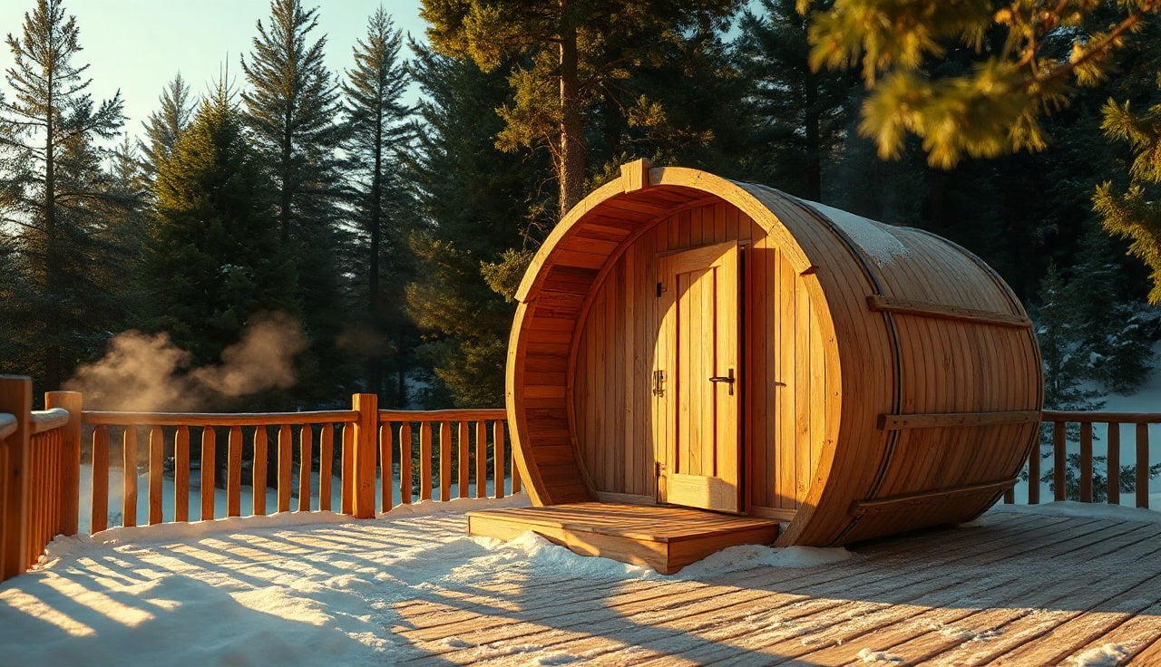 Cedar barrel outdoor sauna on a snowy wooden deck with steam rising