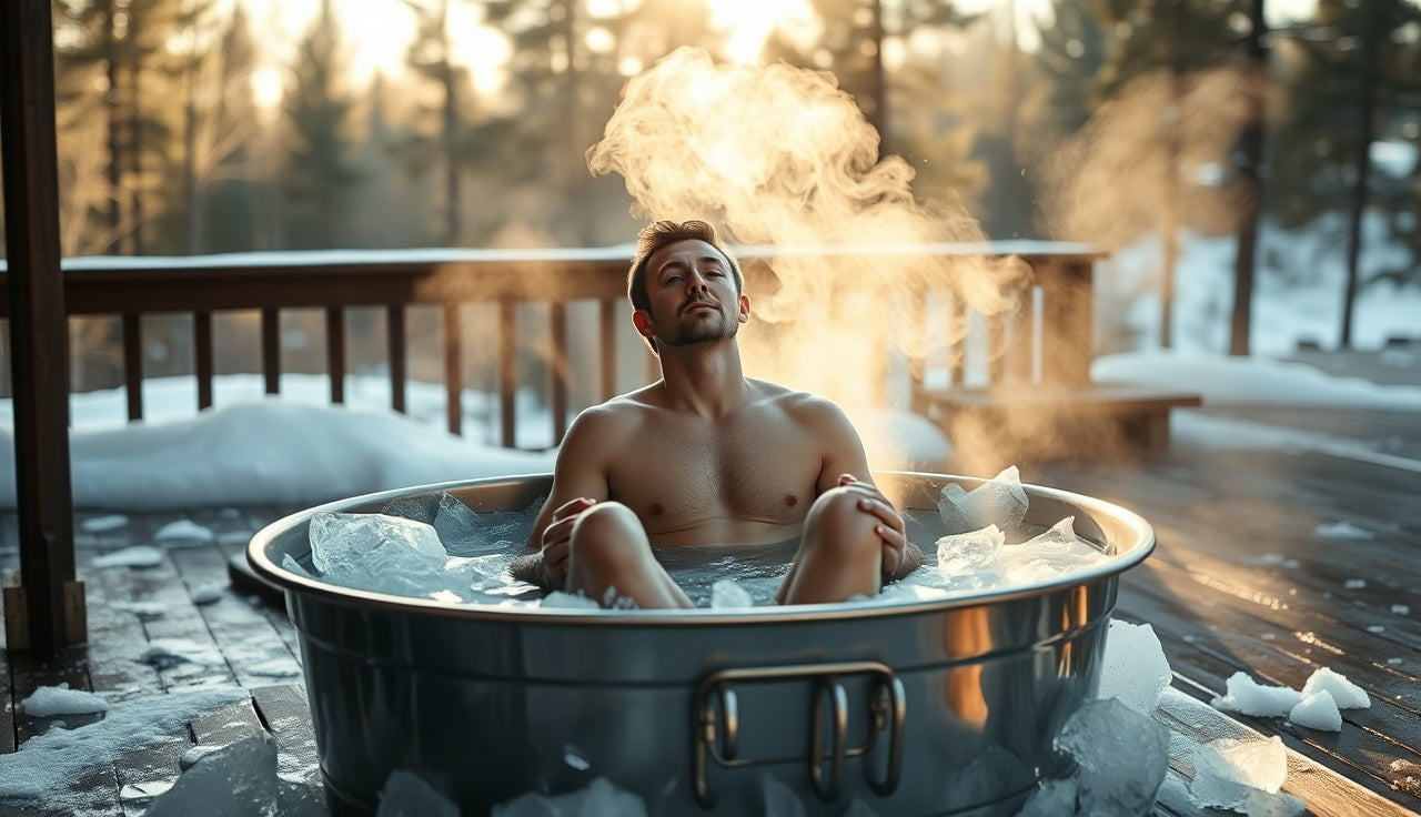 Person sitting in an outdoor ice bath tub in early morning cold