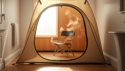 Portable steam sauna tent open on a wooden floor with steam rising inside