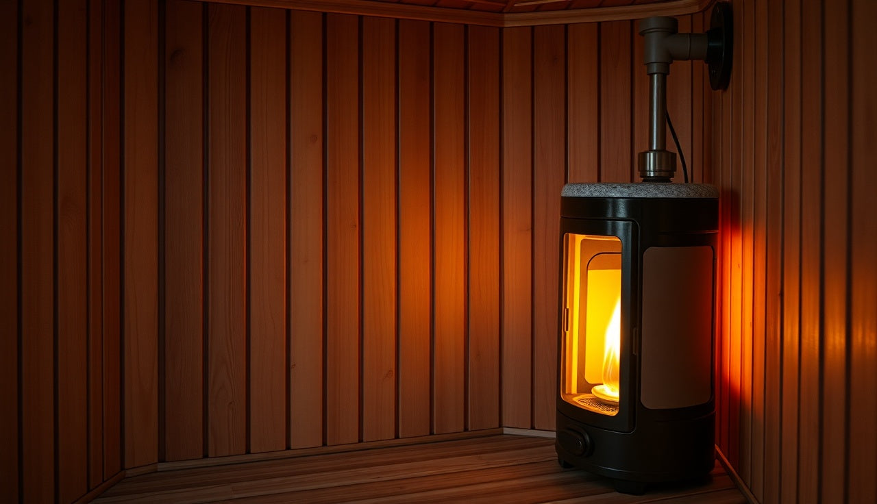 Cedar residential sauna interior with electric heater glowing near wooden bench