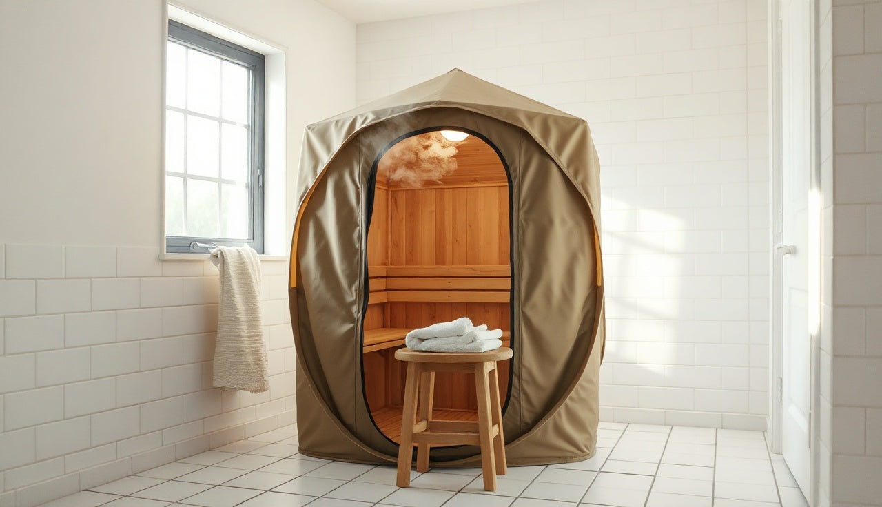 Portable indoor steam sauna tent open in a tiled bathroom with morning light