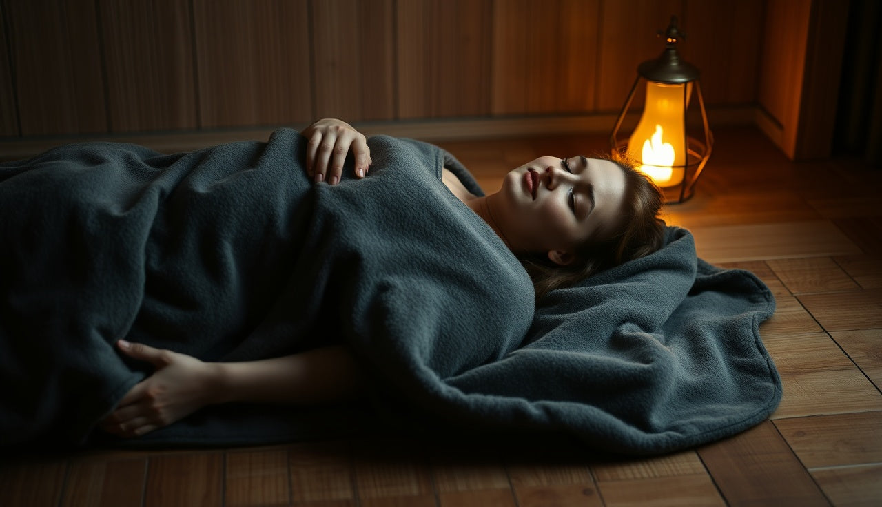 Person lying relaxed inside a sauna blanket on a wooden floor at home