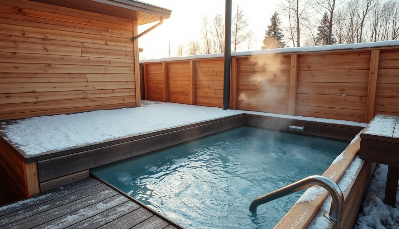 Outdoor cedar sauna and cold plunge pool on a snowy deck at dawn