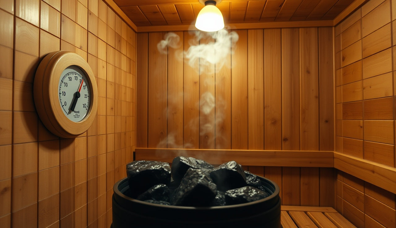 Cedar Finnish sauna interior with steam rising from hot rocks and a thermometer on the wall