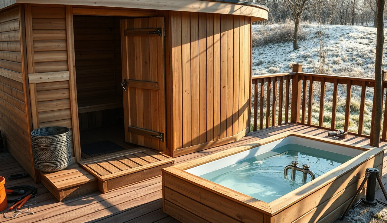 Outdoor cedar sauna and cold plunge tub on a deck with plumbing supplies nearby