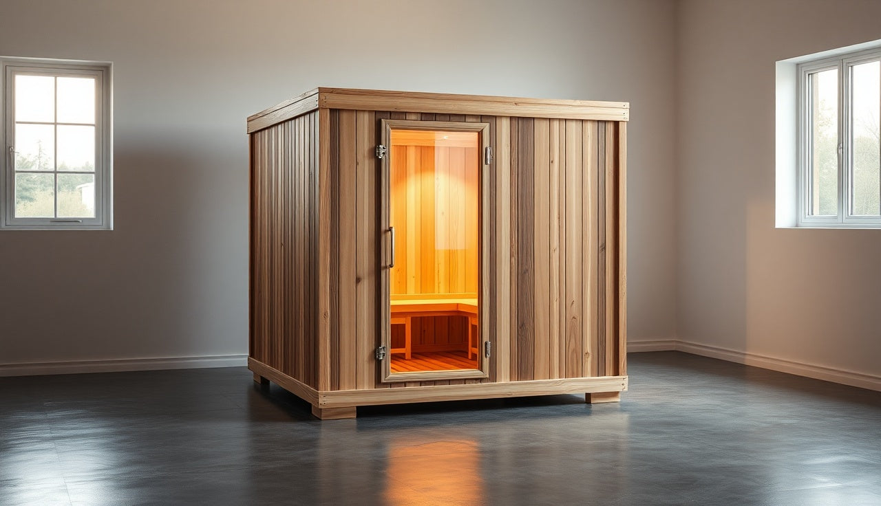 Portable cedar sauna cube glowing with warm interior light on a concrete floor