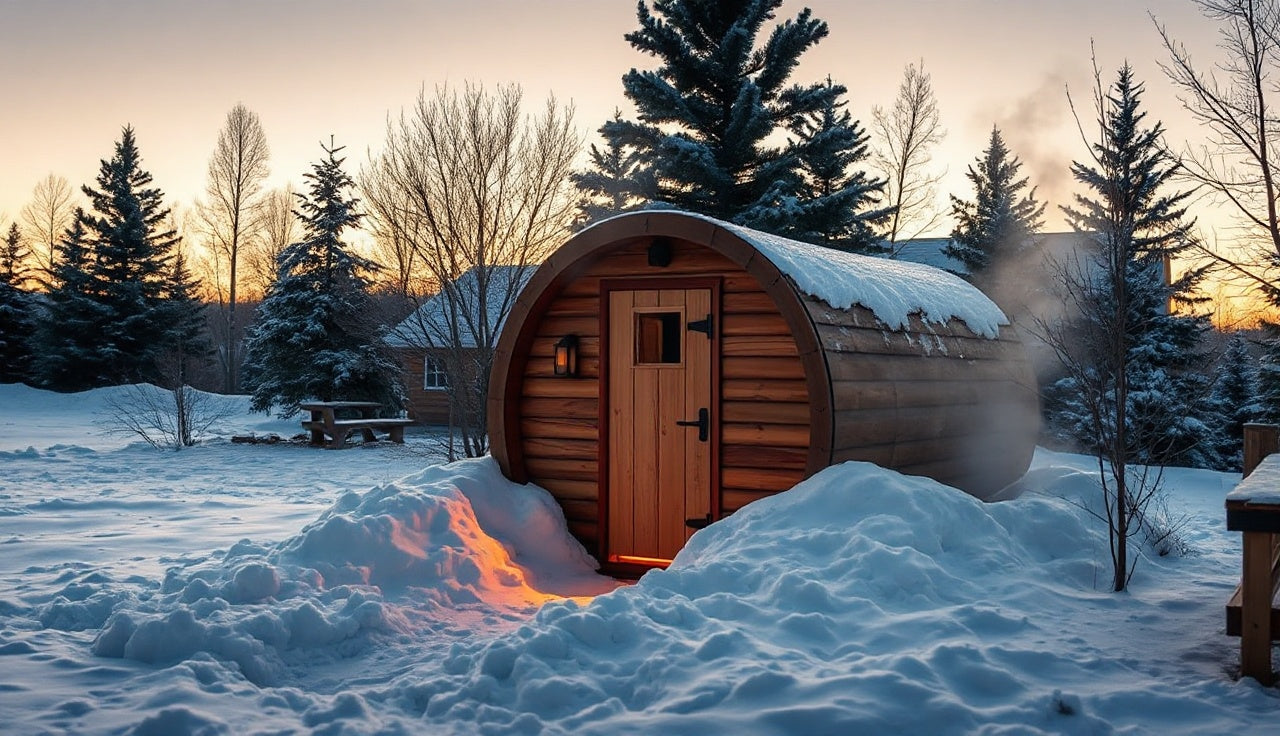 Cedar outdoor barrel sauna glowing in a snowy backyard on a cold winter evening