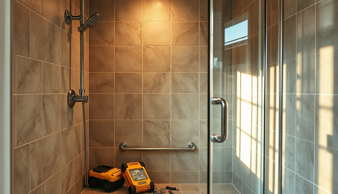 Tiled shower interior being evaluated for a steam-room conversion