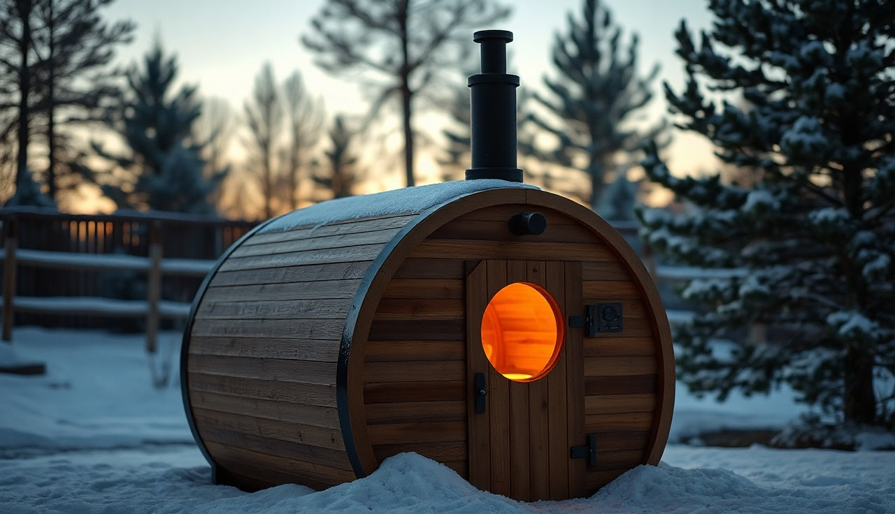 Cedar barrel sauna glowing with warm light in a snow-covered backyard at dusk