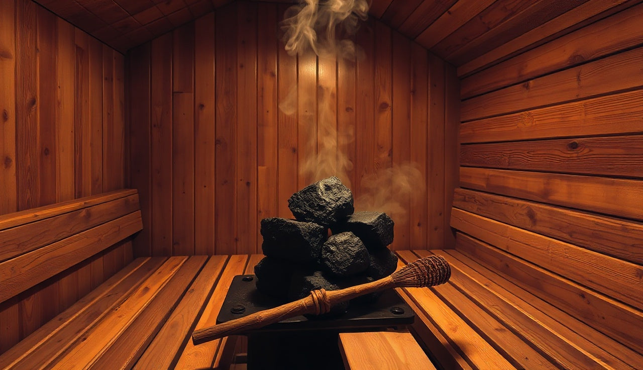 Warm cedar-lined traditional Finnish sauna interior with steam rising from hot rocks