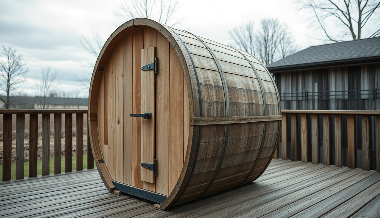 Weathered outdoor barrel sauna with visible gaps between cedar staves on a backyard deck