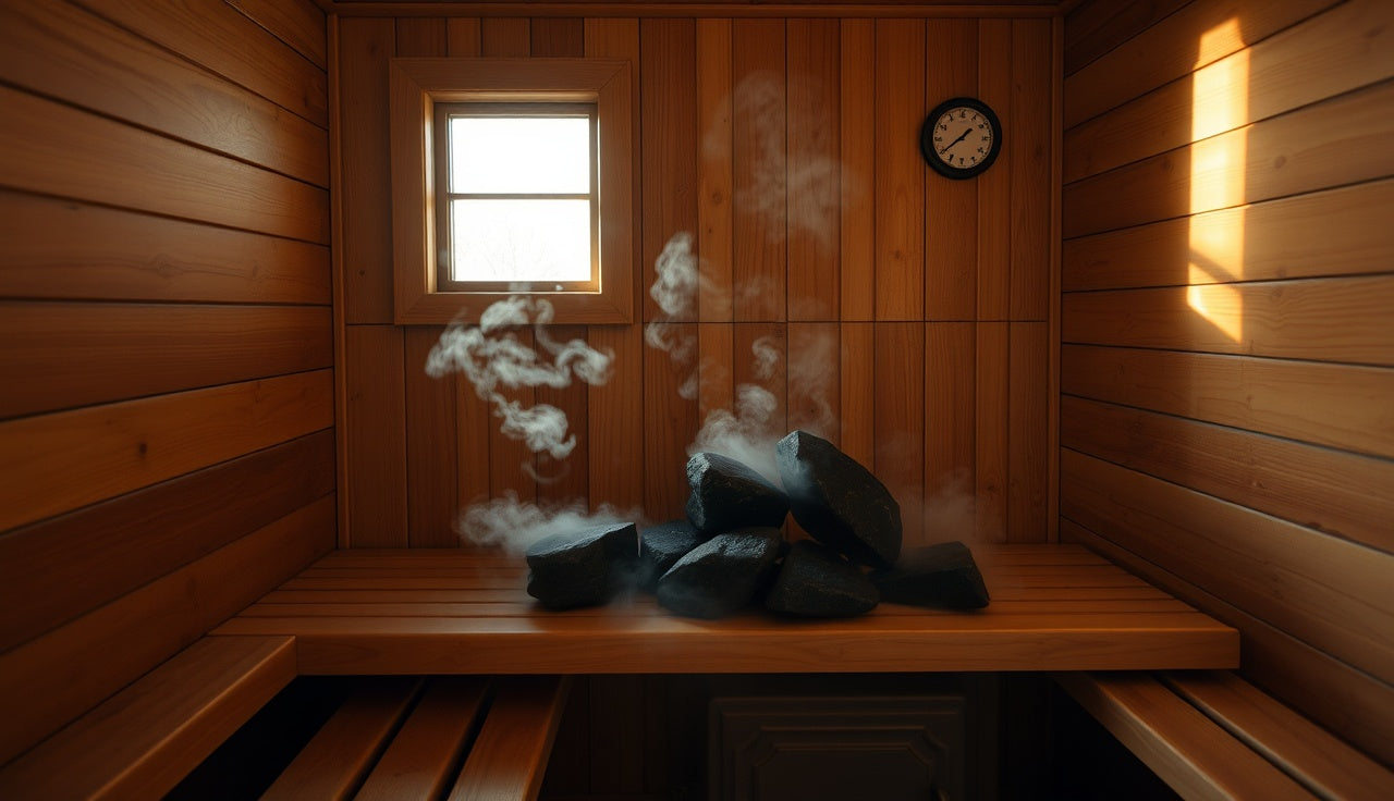 Interior of a cedar Finnish sauna with steam rising from hot stones at ideal sauna temperature