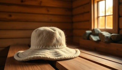 Wool felt sauna hat on a wooden bench inside a wood-fired Finnish sauna