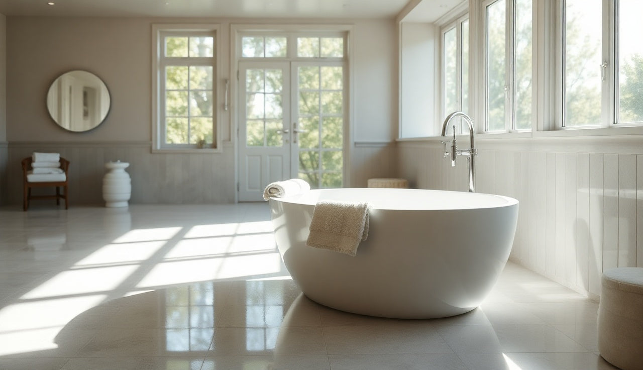 Freestanding indoor cold plunge tub in a bright spa room with morning light