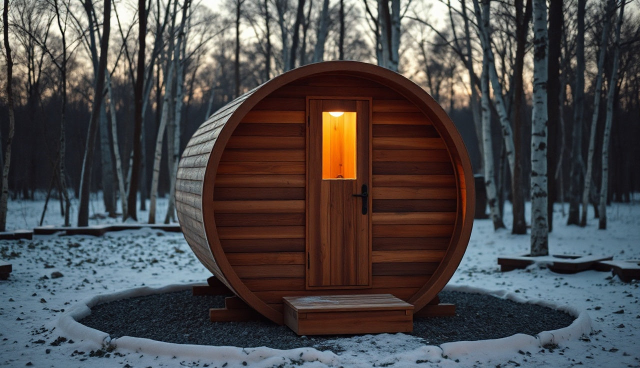 Cedar barrel sauna glowing with warm light on a snowy backyard gravel pad at dusk