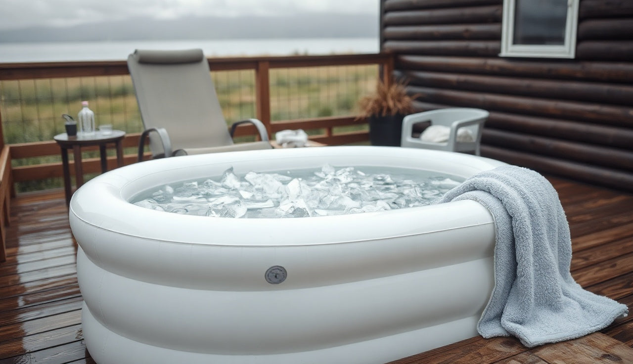 Inflatable cold plunge tub filled with ice water on an outdoor wooden deck