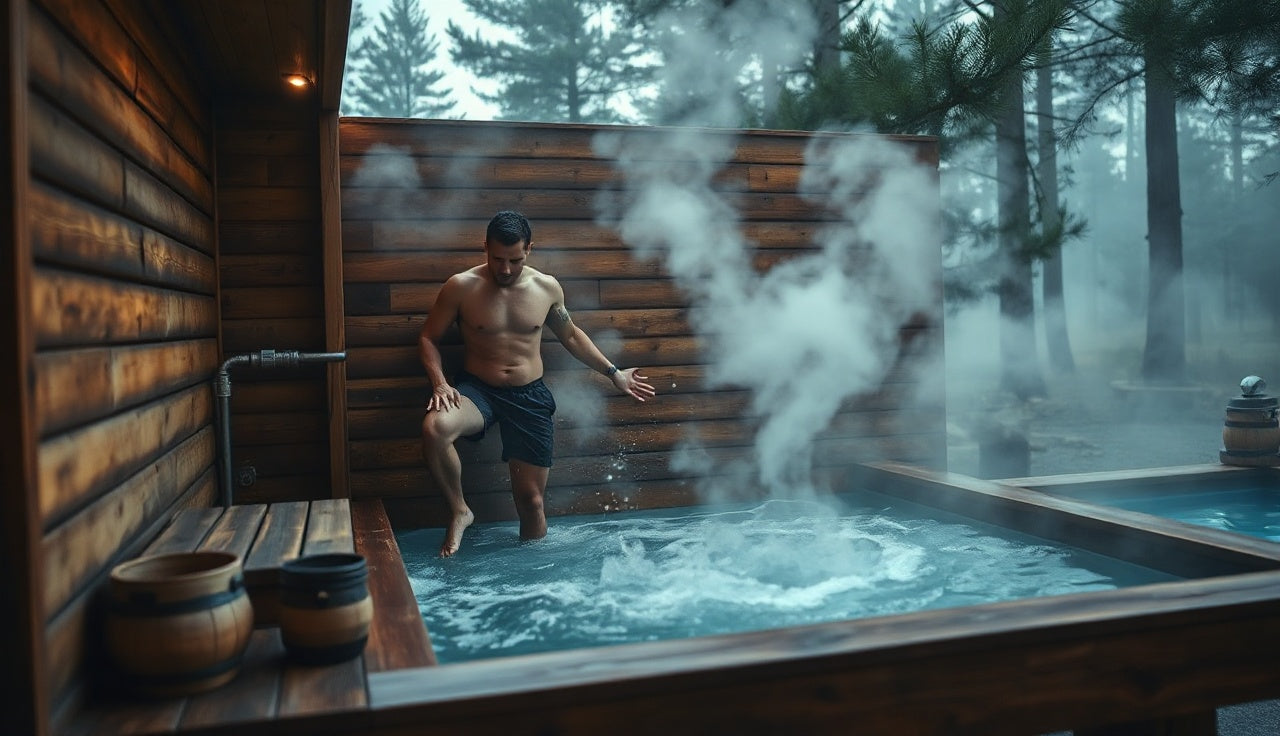 Man transitioning from outdoor sauna to cold plunge pool during contrast therapy session