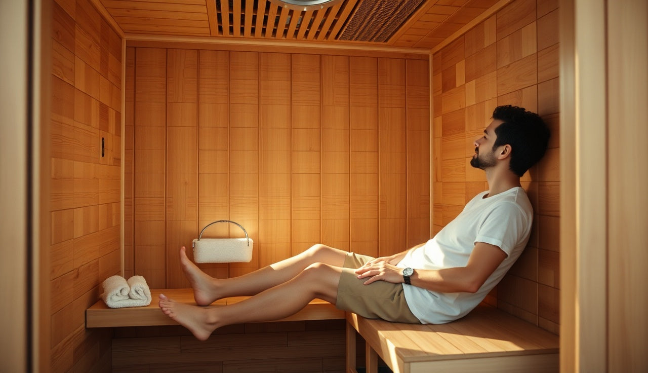 Person sitting calmly inside a wood infrared sauna cabin with soft natural light