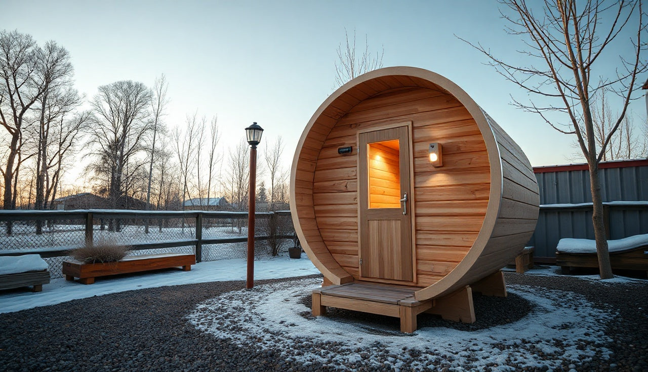 Outdoor barrel sauna on gravel pad glowing with warm interior light in winter