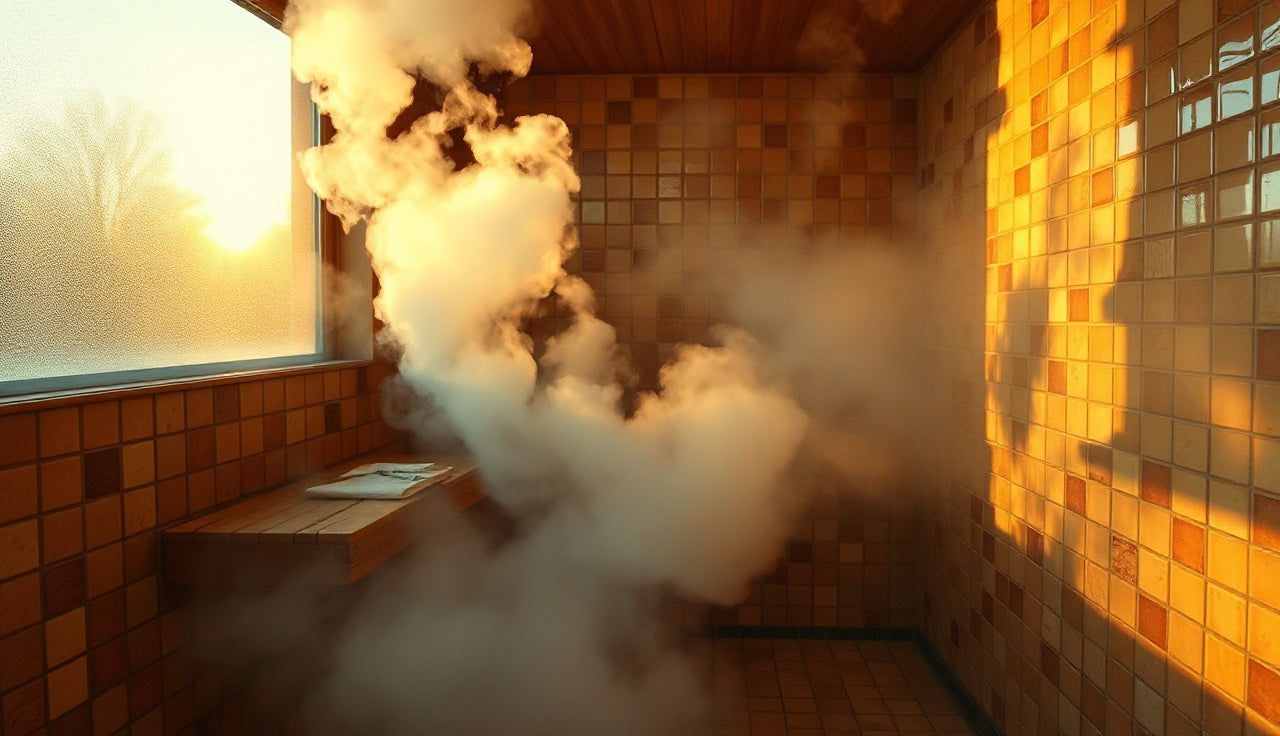 Steam filling the interior of a tiled steam room with wooden bench