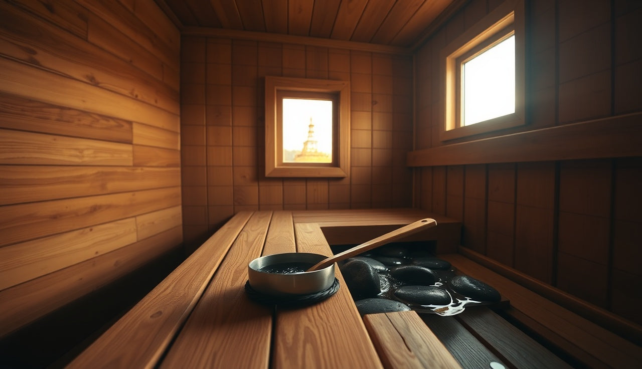 Cedar sauna interior with heated stones and wooden ladle on bench