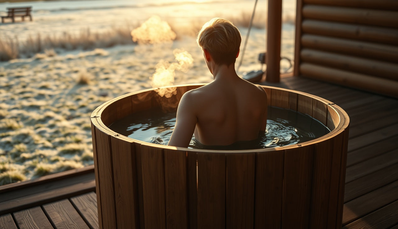Person entering an outdoor cold plunge tub in early morning with visible breath