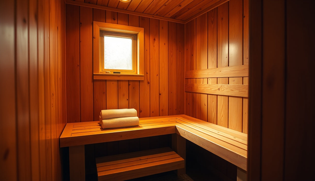 Corner far infrared sauna with cedar interior and amber lighting in a home basement