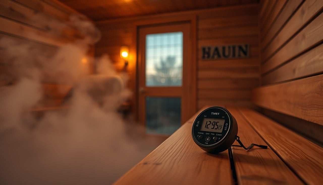 Waterproof interval timer on a cedar sauna bench with steam and warm light