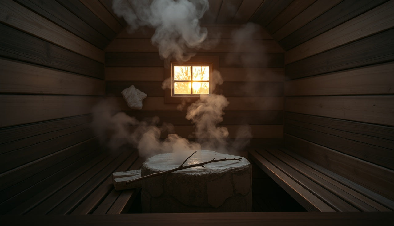 Wooden Finnish sauna interior with steam rising from hot stones at dusk
