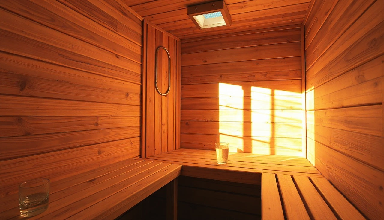 Empty cedar infrared sauna interior with warm glowing panels and a glass of water on the bench