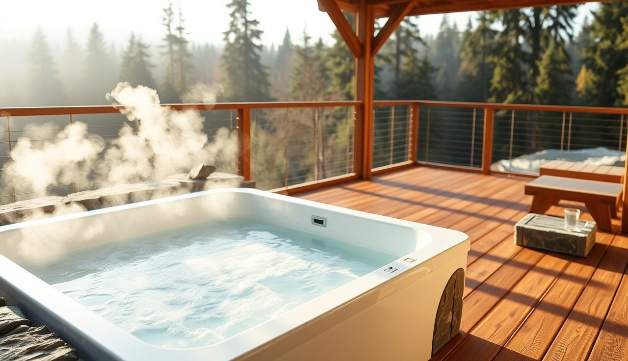 White acrylic cold plunge tub with cold water on a wooden deck at dawn