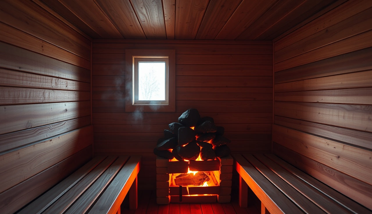 Hot Finnish sauna interior with wood-burning stone heater and rising steam