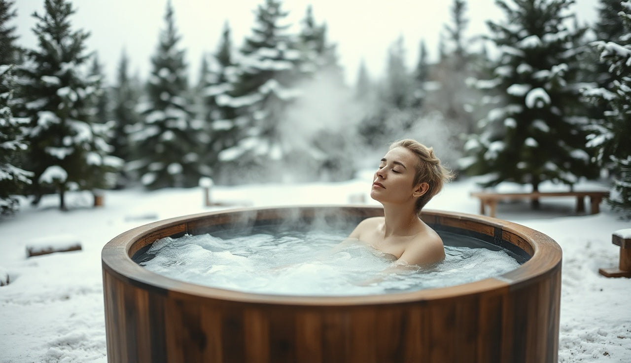 Person sitting in outdoor wooden cold plunge tub surrounded by snow-covered pine trees
