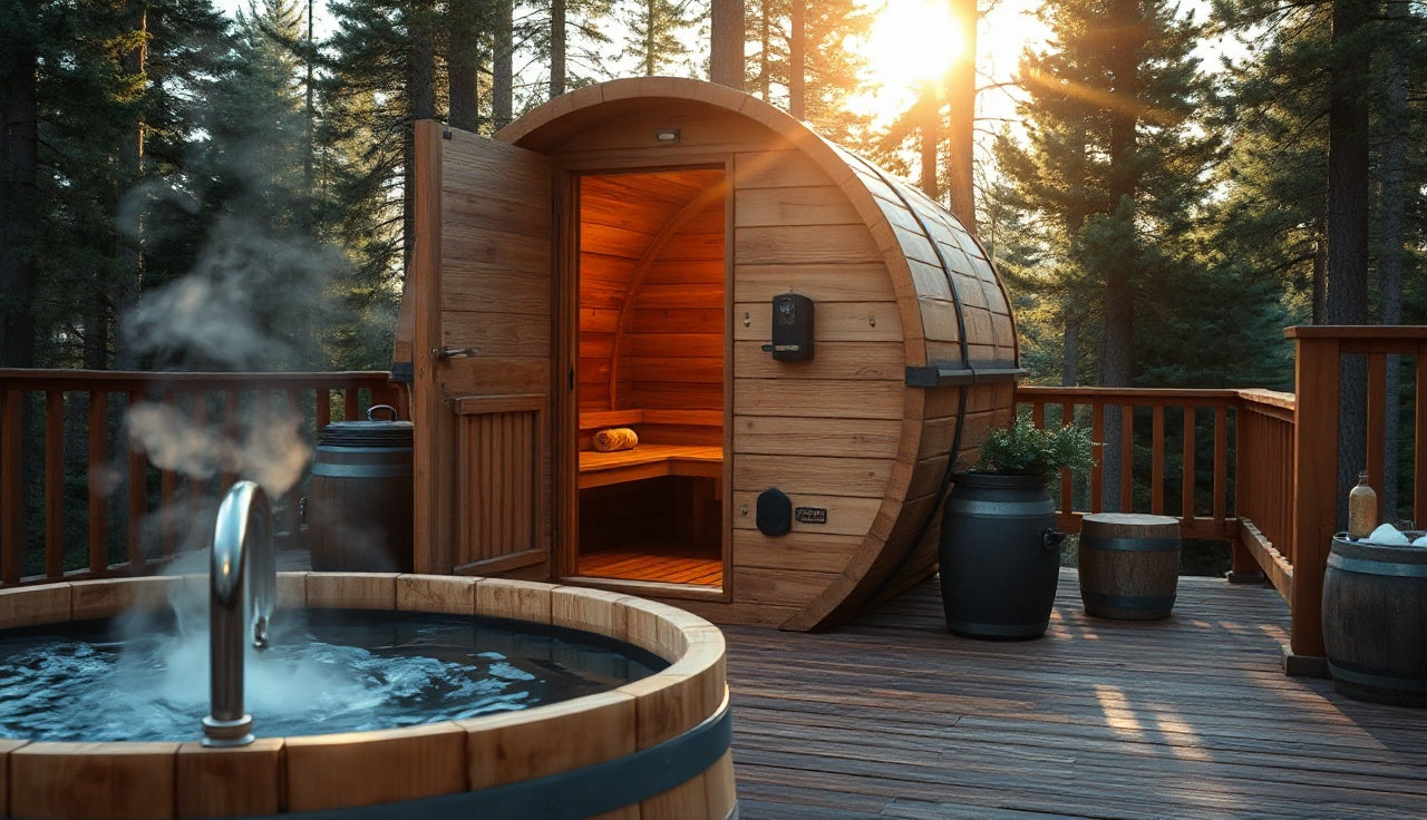 Outdoor barrel sauna next to a cold plunge tub on a wooden deck surrounded by pine trees