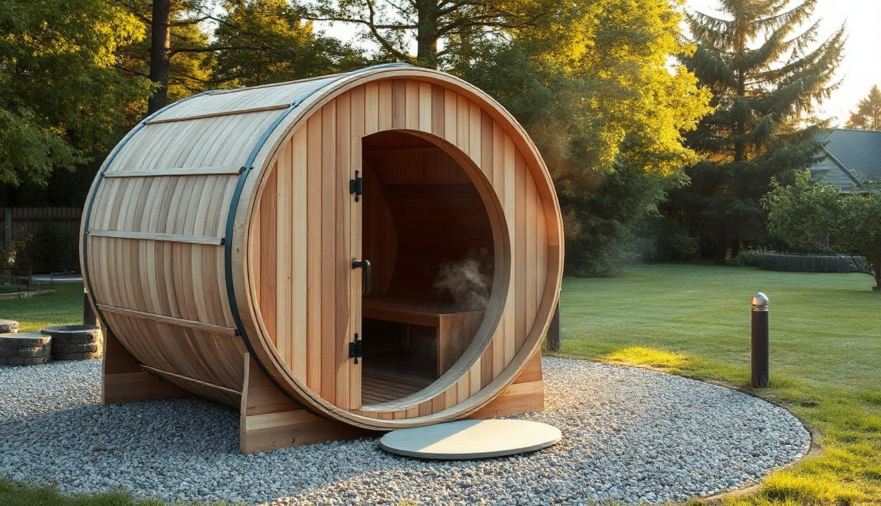 Cedar barrel sauna on gravel pad in a backyard with steam drifting from the open door