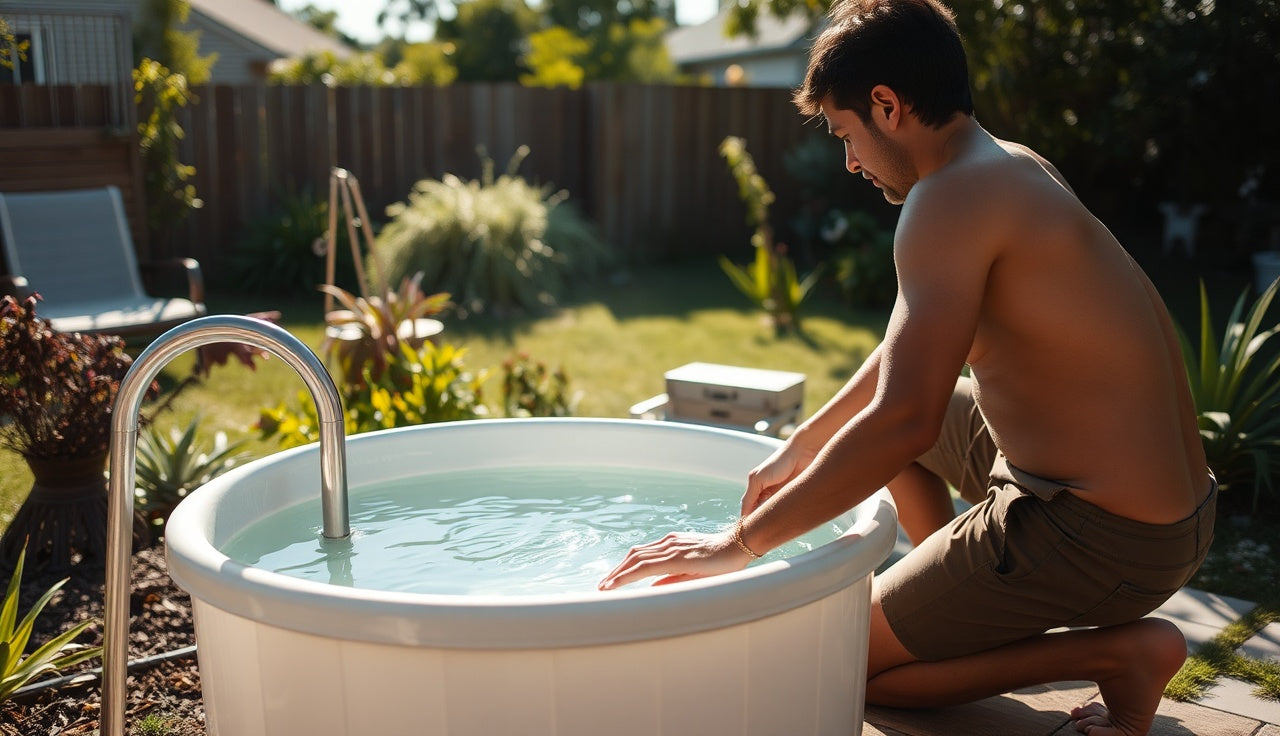 Parent testing cold plunge water temperature with child watching nearby outdoors
