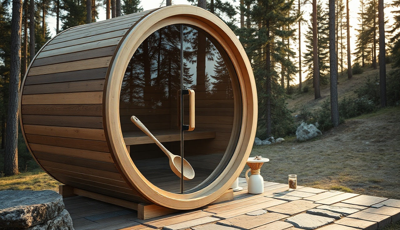 Thermowood barrel sauna for six people on a stone patio surrounded by pine trees