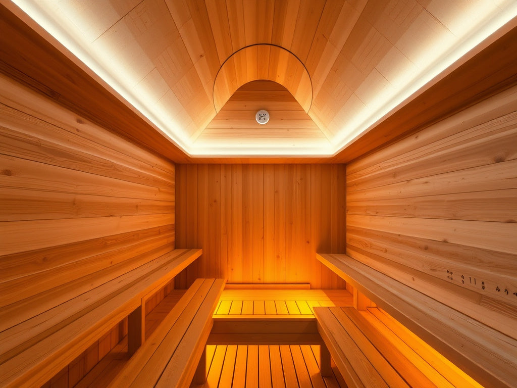 Wood-lined sauna interior with opposing benches and concealed lighting