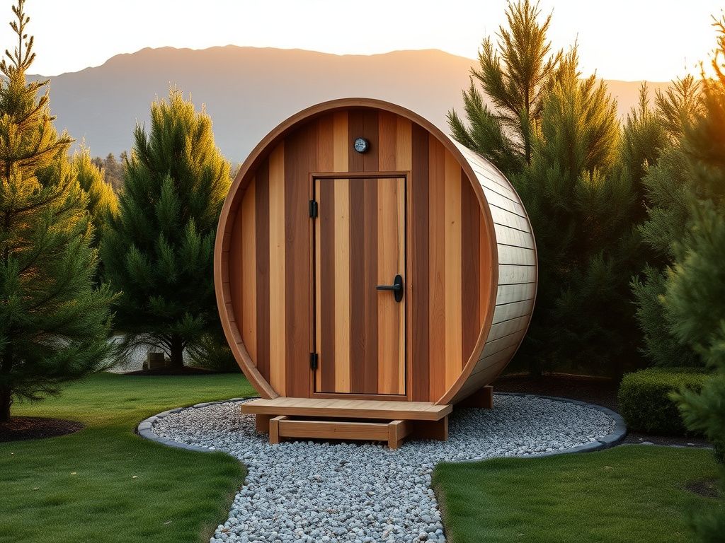 Premium outdoor barrel sauna alternative to Redwood Outdoors sauna in backyard setting