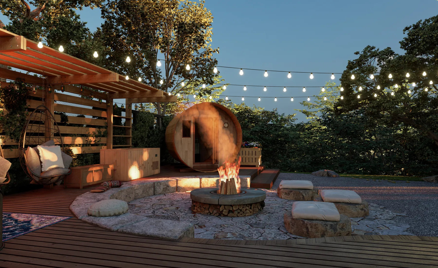 Landscape design concept with a barrel sauna, fire pit, and outdoor gathering space