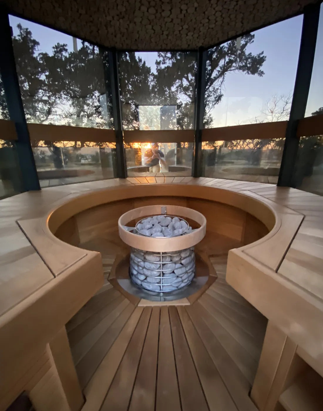 Panoramic view inside a wood sauna